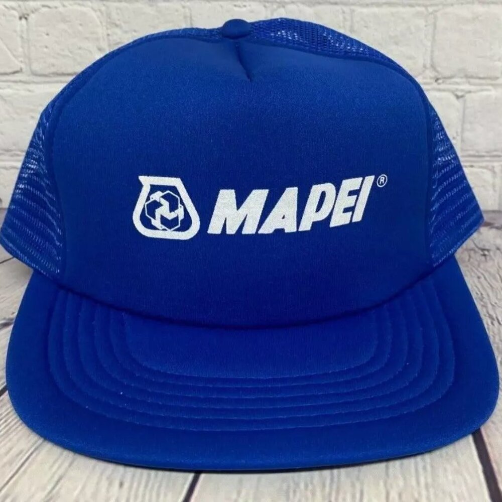 Vintage MAPEI Trucker Hat Mesh Cap Adjustable Snapback Print Logo Blue